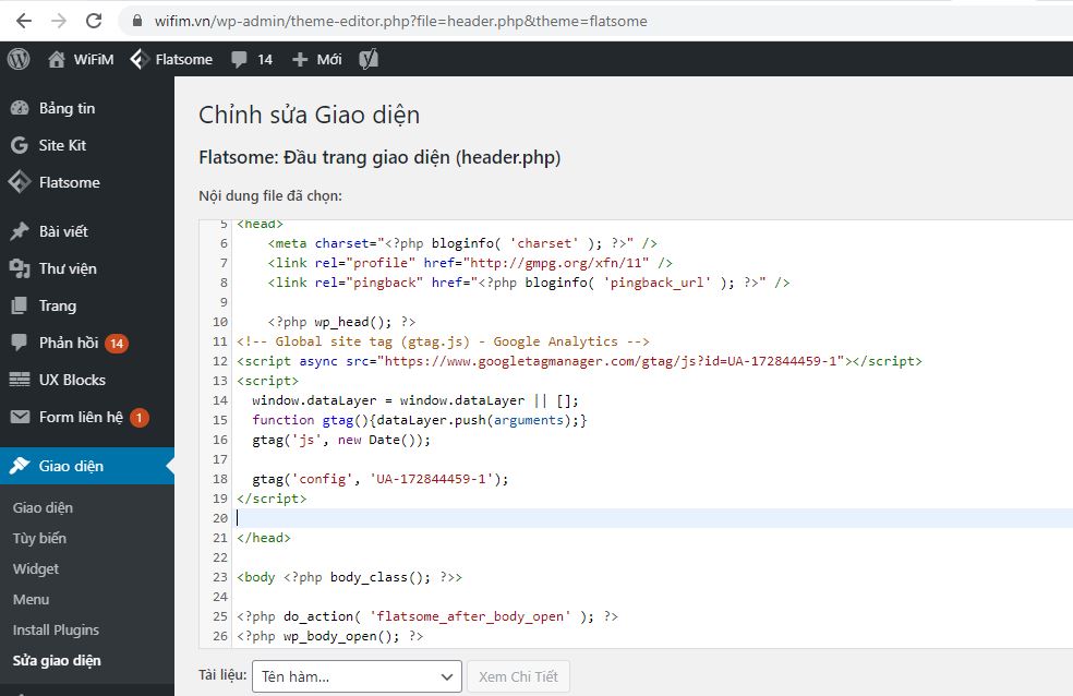 Chèn code Analytics vào file header.php