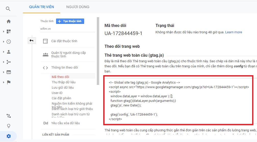 lấy mã theo dõi Google Analytics