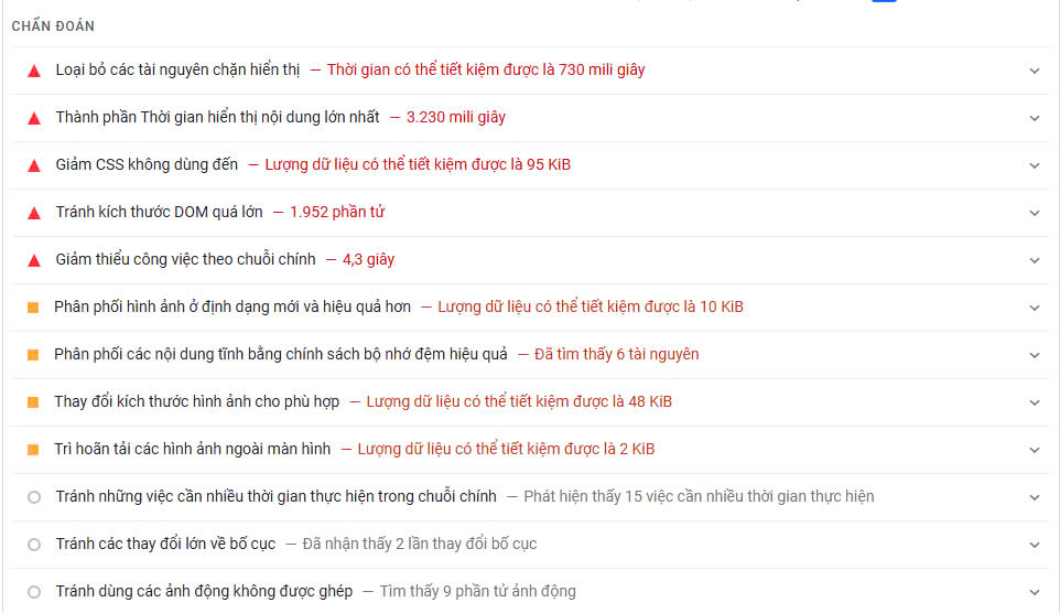 Các chuẩn đoán của PageSpeed Insights cần cải thiện Các chuẩn đoán của PageSpeed Insights cần cải thiện