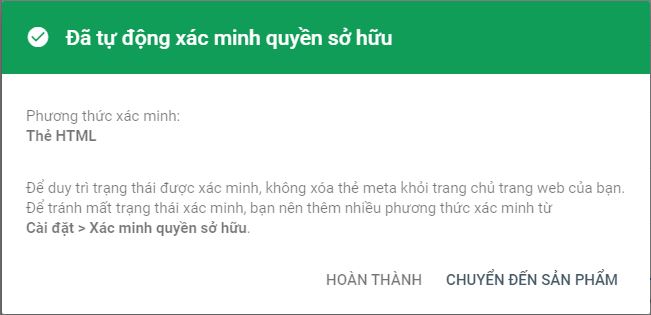 thông bào xác minh thành công Google Search Console
