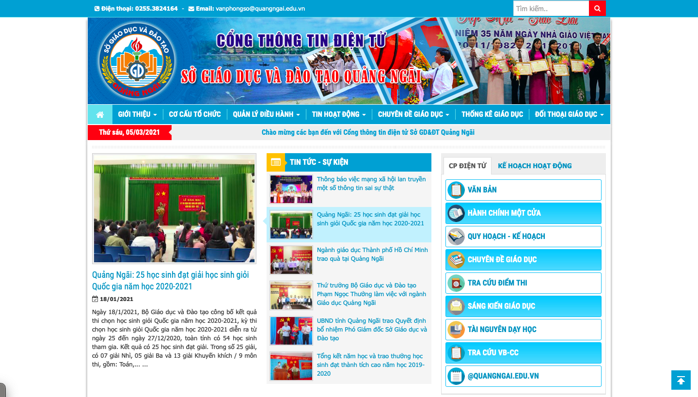 Website: http://quangngai.edu.vn cung cấp các thông tin về sở giáo dục và đào tạo tỉnh Quảng Ngãi, cũng như các thông tin, văn bản chính thức về giáo dục, các hoạt động giao lưu học thuật – thể thao