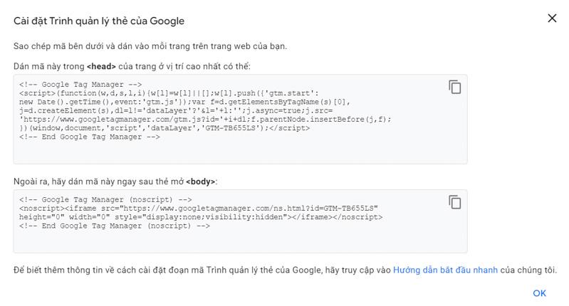 Mã code của container vùng chứa Google Tag Manager