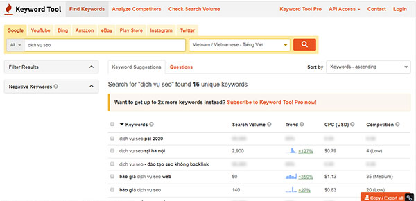 KeywordTool.io cho phép người dùng kiểm tra từ khóa trên nhiều công cụ tìm kiếm