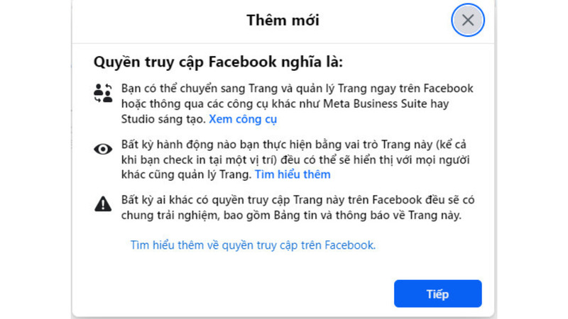 Bước 6: Màn hình chính sẽ hiển thị pop-up thông báo như sau. Chọn “Tiếp”.