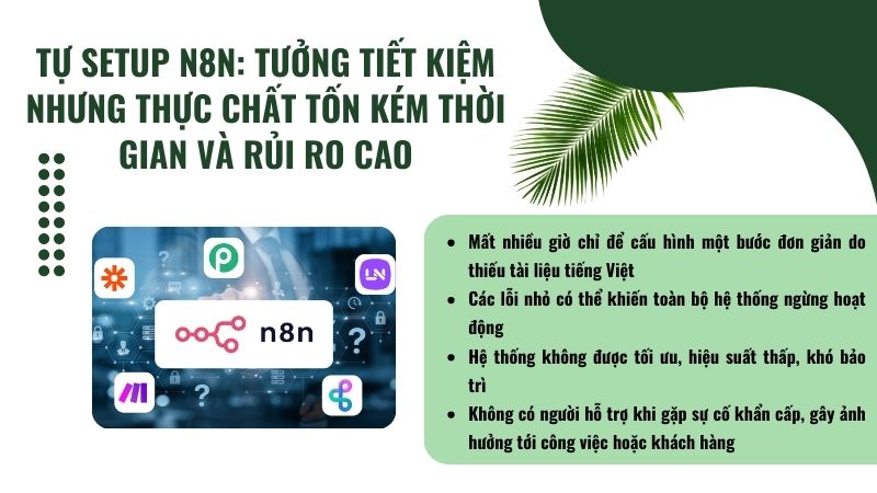 Tự setup n8n: Tưởng tiết kiệm nhưng thực chất tốn kém thời gian và rủi ro cao Tự setup n8n: Tưởng tiết kiệm nhưng thực chất tốn kém thời gian và rủi ro cao