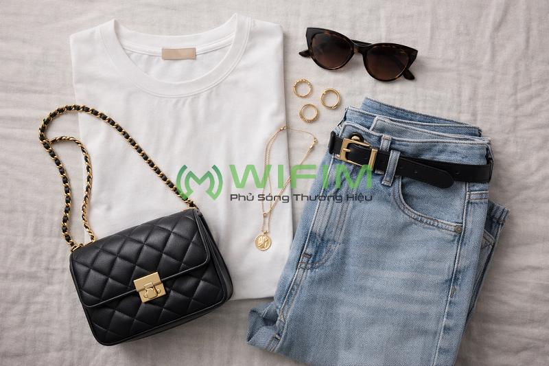 Chụp ảnh flatlay phụ kiện và trang phục sắp xếp gọn gàng trên nền vải, phong cách hiện đại và tinh tế Chụp ảnh flatlay phụ kiện và trang phục sắp xếp gọn gàng trên nền vải, phong cách hiện đại và tinh tế