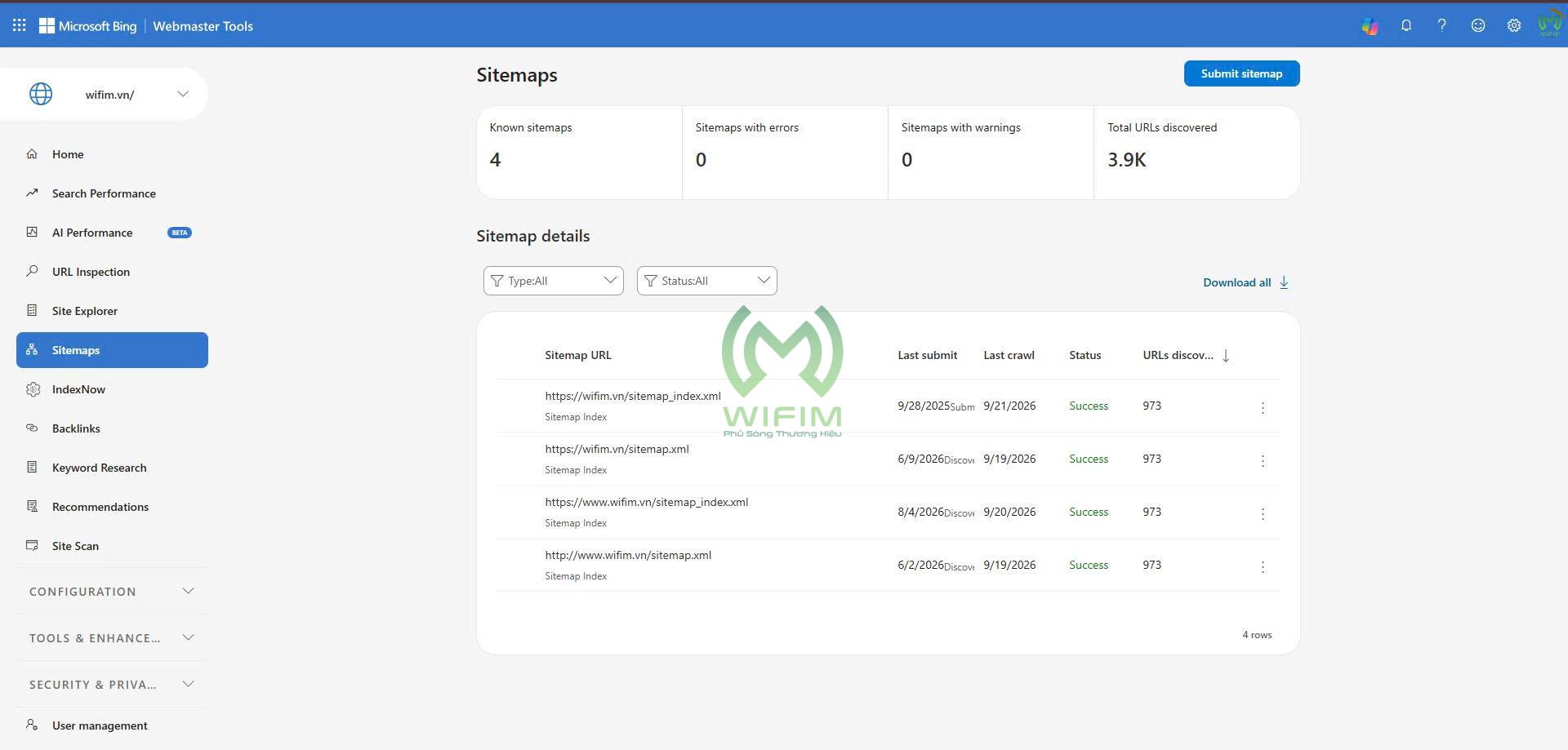 Tính năng Sitemap của Bing Webmaster Tools