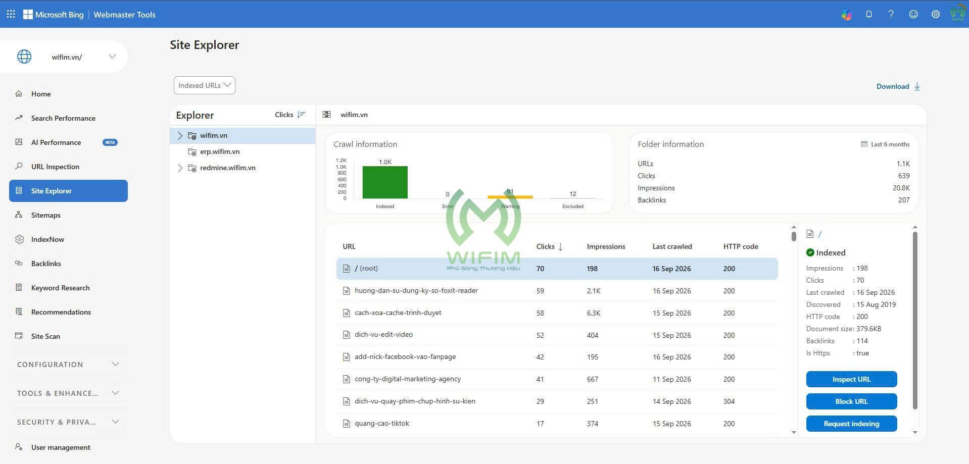 Tính năng Site Explorer của Bing Webmaster Tools