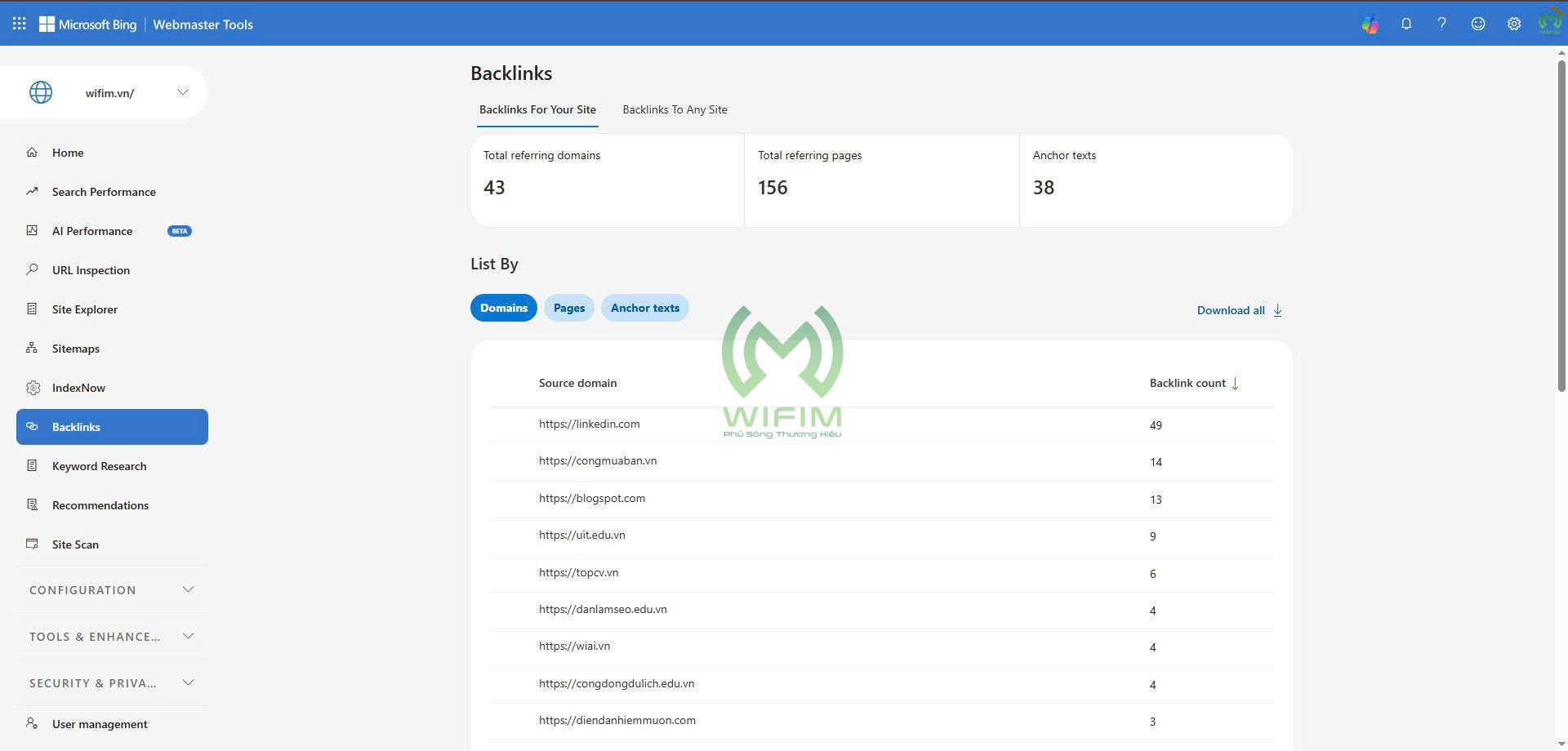 Tính năng Backlink của Bing Webmaster Tools